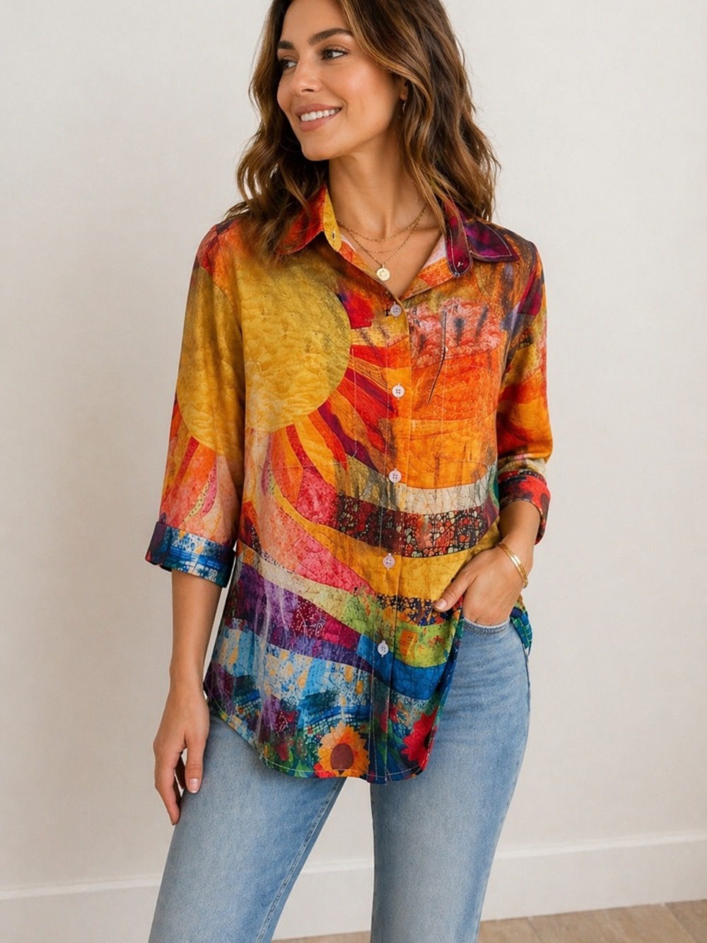 Colorful Abstract Button Up Shirt Sun Print Artsy Lightweight Blouse S - Picture 1 of 7
